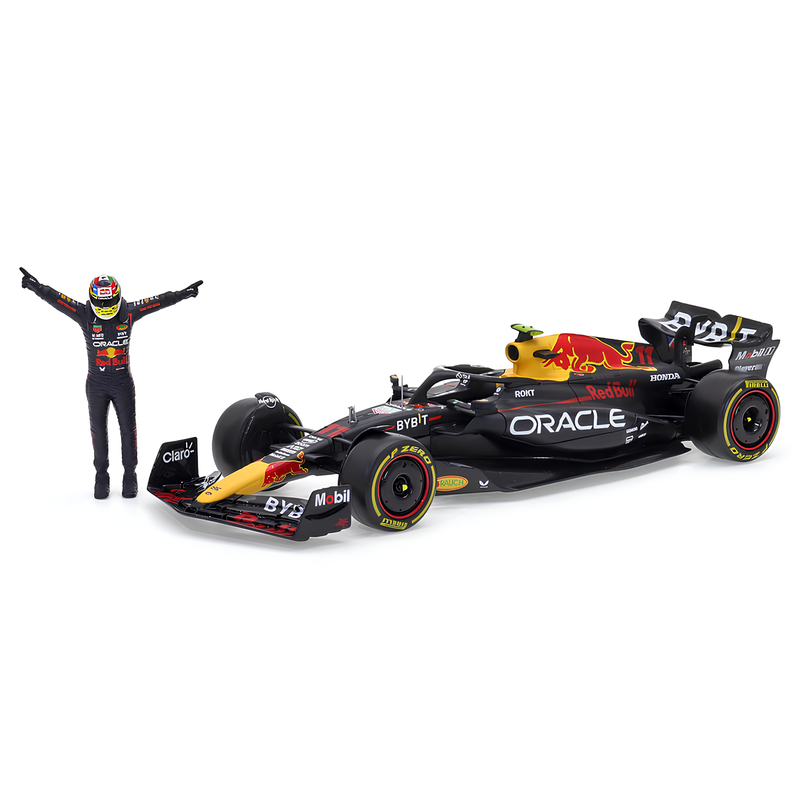 Miniatura Fórmula 1 Red Bull Racing RB19 #11 Sergio Pérez 1:24 + Piloto (Campeão Construtores)